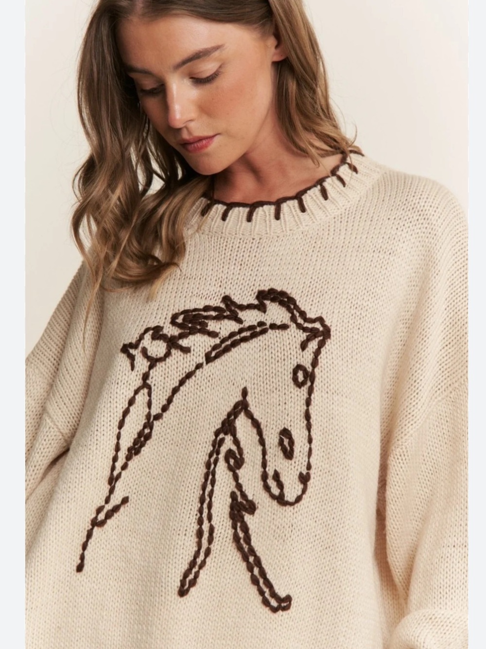 Cream Knit Crewneck Sweater with Brown Horse Stitching